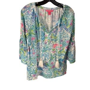 Lilly Pulitzer Del Toro Blouse Multi Color 3/4 Bell Sleeves Tassels Sz XS